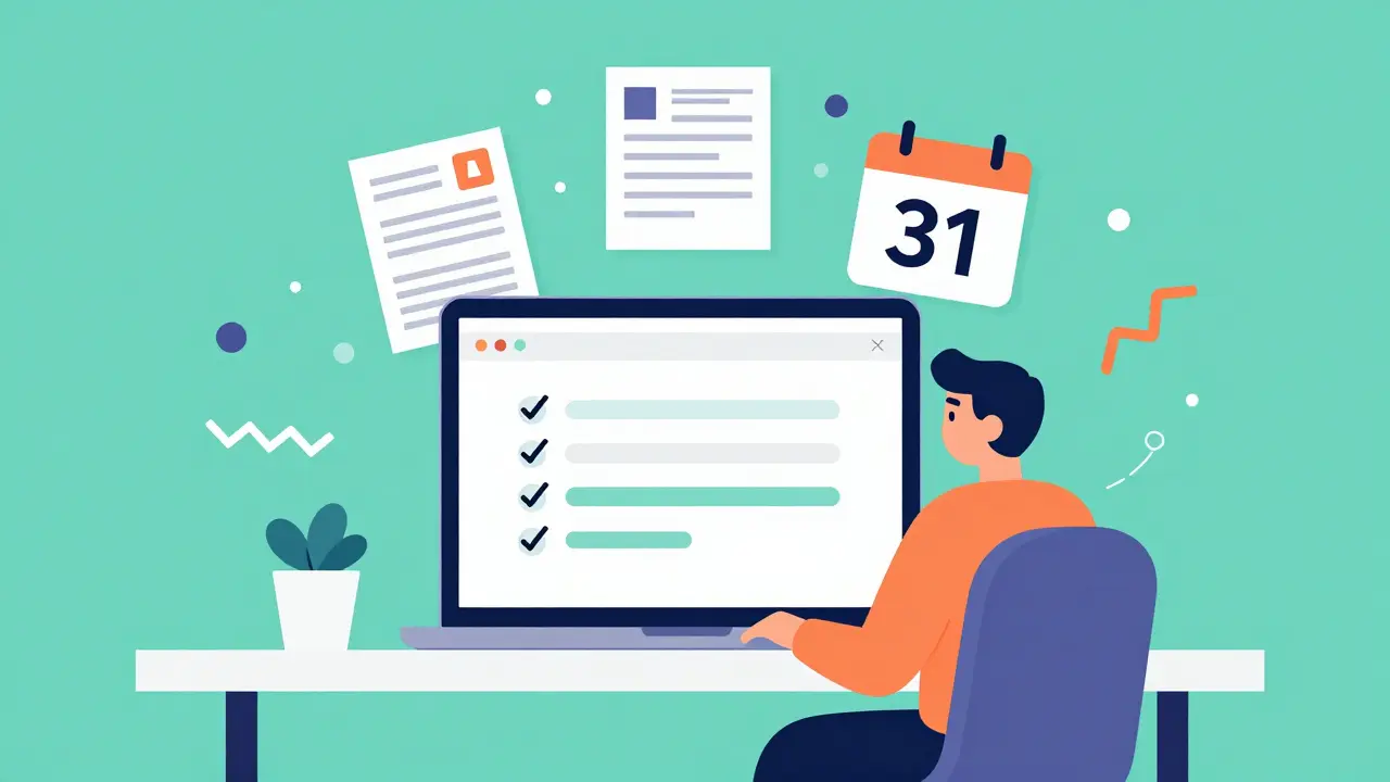 Person digitally filing tax returns with floating document icons and a clean, modern interface.