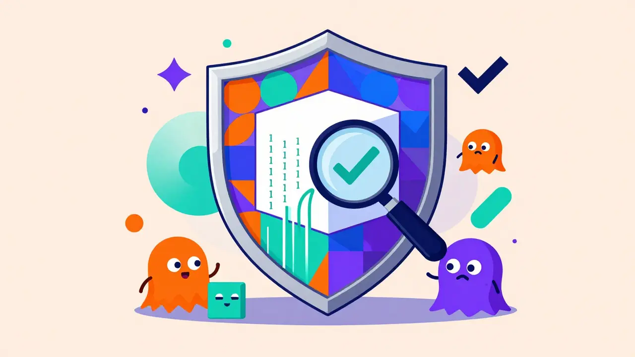 Shield protecting AI data with verification symbols in vibrant Memphis illustration style.