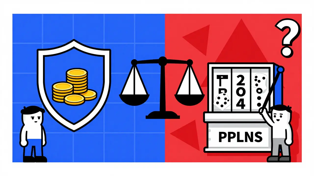 Split screen showing shield for PPS safety and dice for PPLNS risk