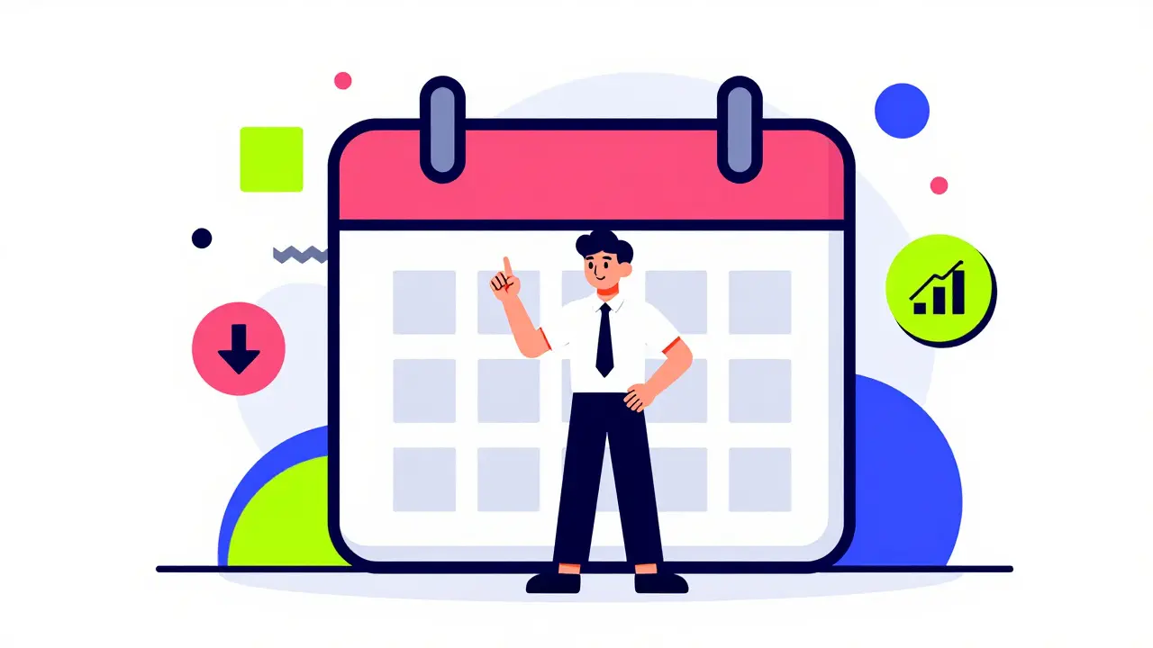 Stylized cartoon trader analyzing upcoming token unlock dates with geometric icons