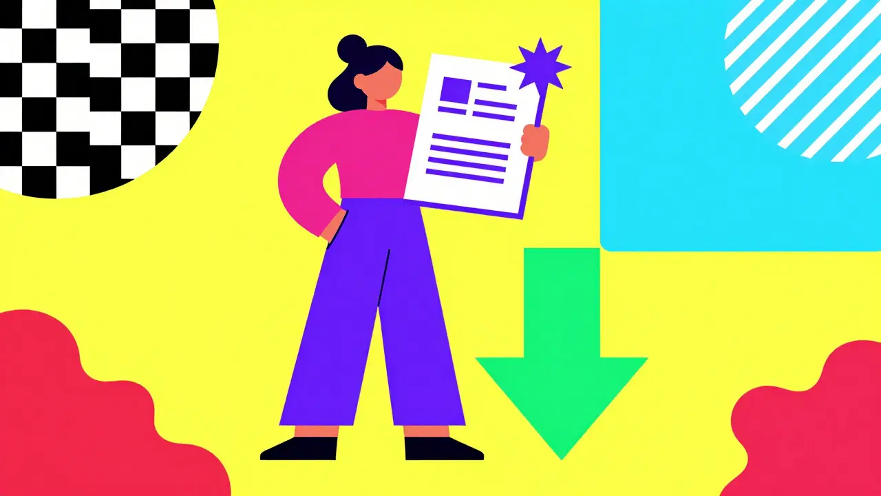 Stylized Memphis illustration of a woman receiving property discounts with geometric patterns.