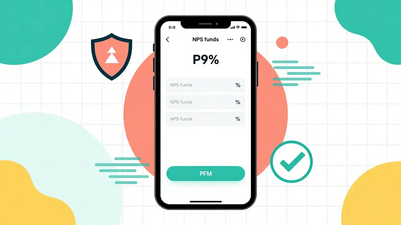 Stylized mobile phone interface illustrating the simple steps to switch NPS fund allocations digitally.