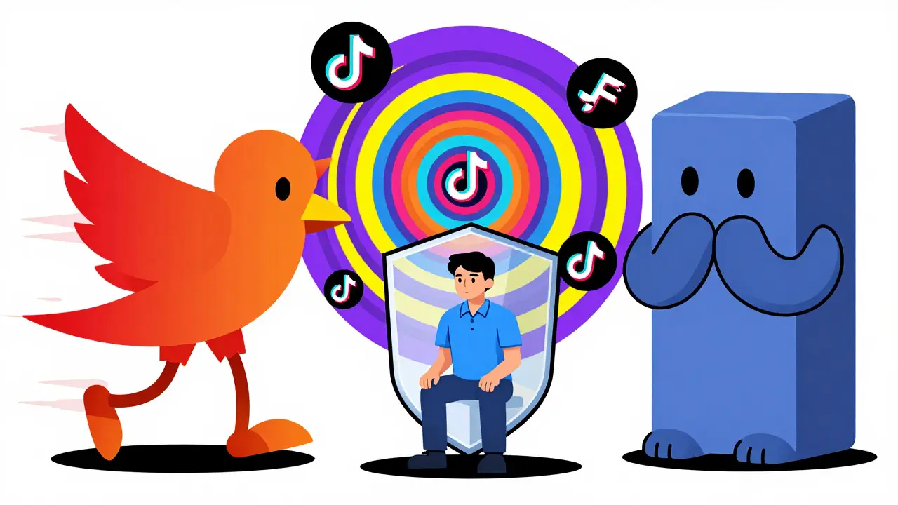 Stylized social media monsters vs a shielded trader in Memphis design