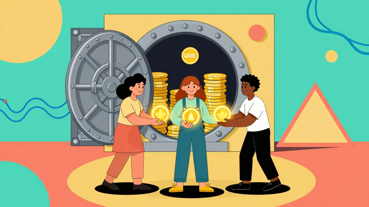 Team members exchanging value tokens near a secure treasury vault in illustration style