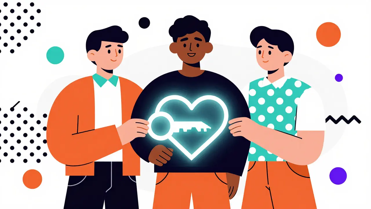 Three friends combining keys for social recovery in Memphis style