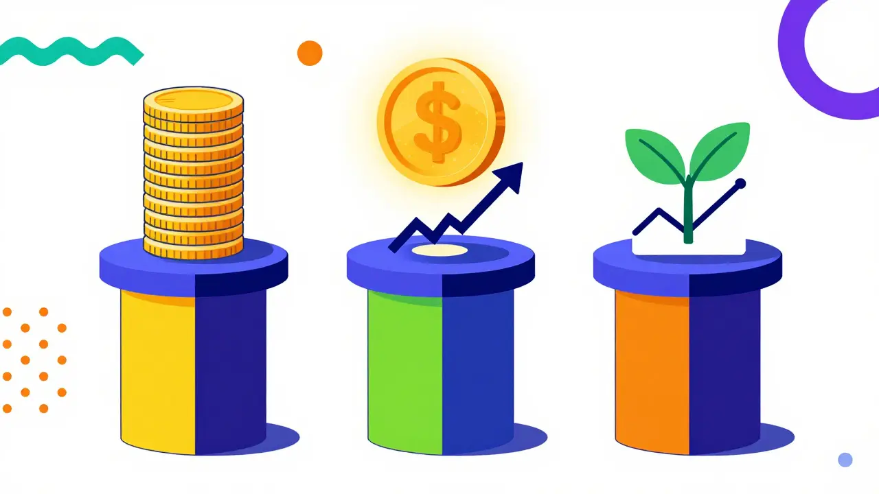 Three geometric pillars supporting a crypto coin icon