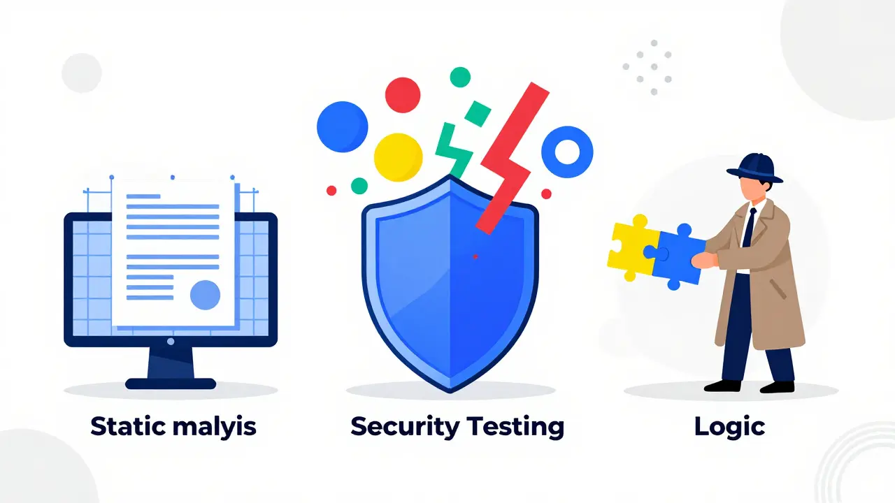 Three stages of crypto audit: static scan, fuzzing chaos, and manual review in Memphis art.