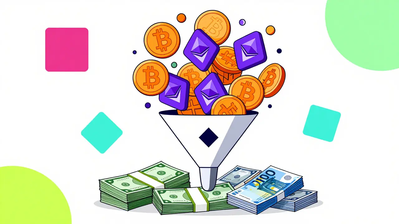 Abstract art showing crypto coins turning into fiat currency via funnel