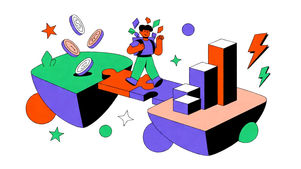 Abstract cartoon of two islands connected by a bridge, symbolizing hybrid DAO models and portable reputation.