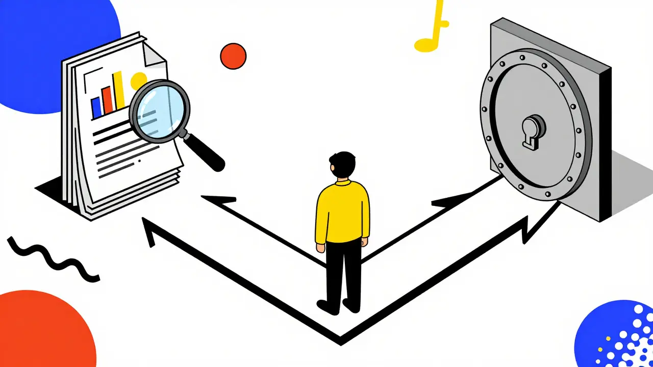 Abstract cartoon showing a figure choosing between due diligence and a locked vault for investment