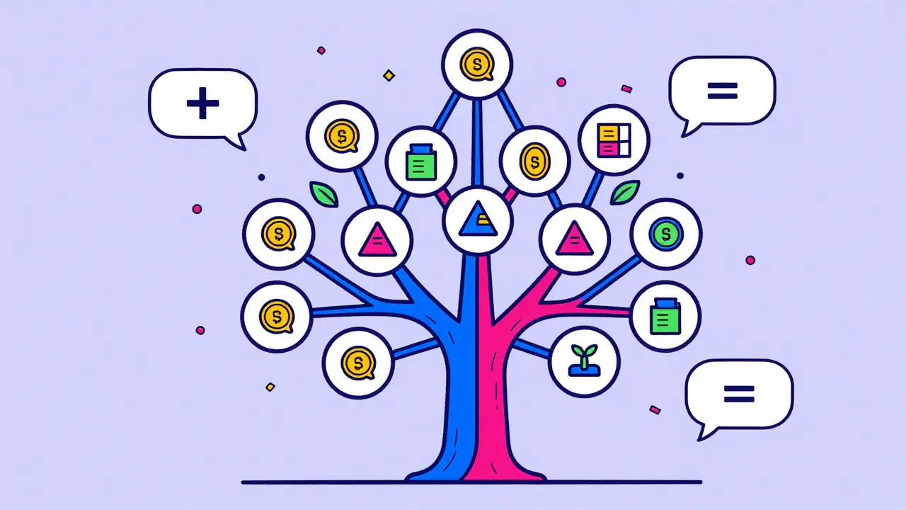 Abstract cartoon tree structure representing cryptographic data verification with colorful nodes