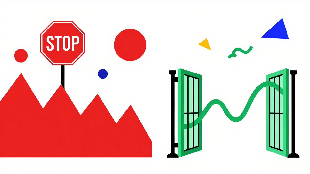 Abstract graphic showing halted red stock path versus smooth green trading