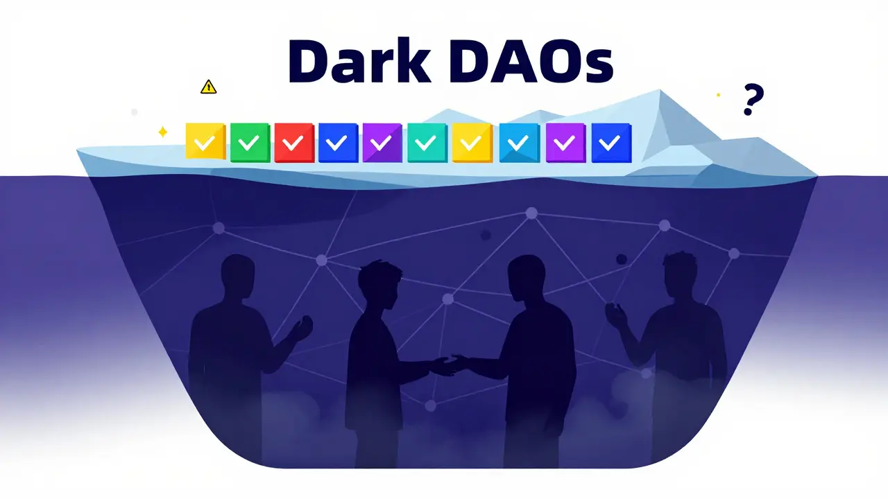 Abstract iceberg metaphor illustrating hidden Dark DAO coordination beneath public votes in Memphis style.