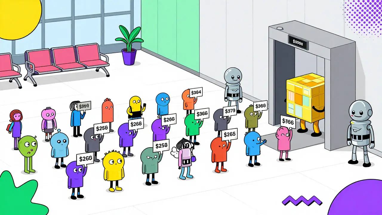Busy mempool waiting room with validators selecting transactions