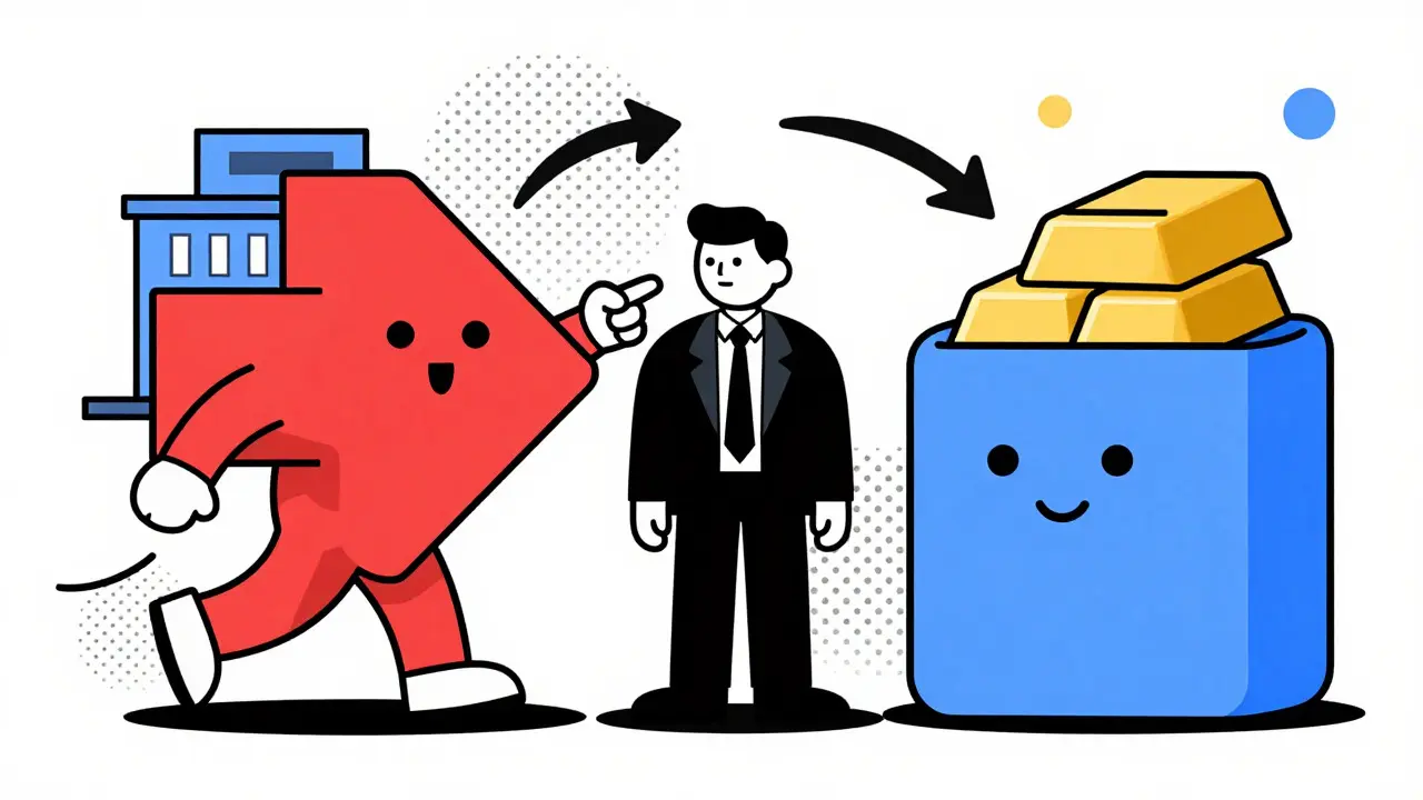 Cartoon figures representing trading brokers and depositories exchanging value