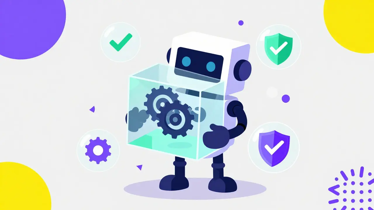 Cartoon robot holding a transparent cube with gears inside, symbolizing smart contracts