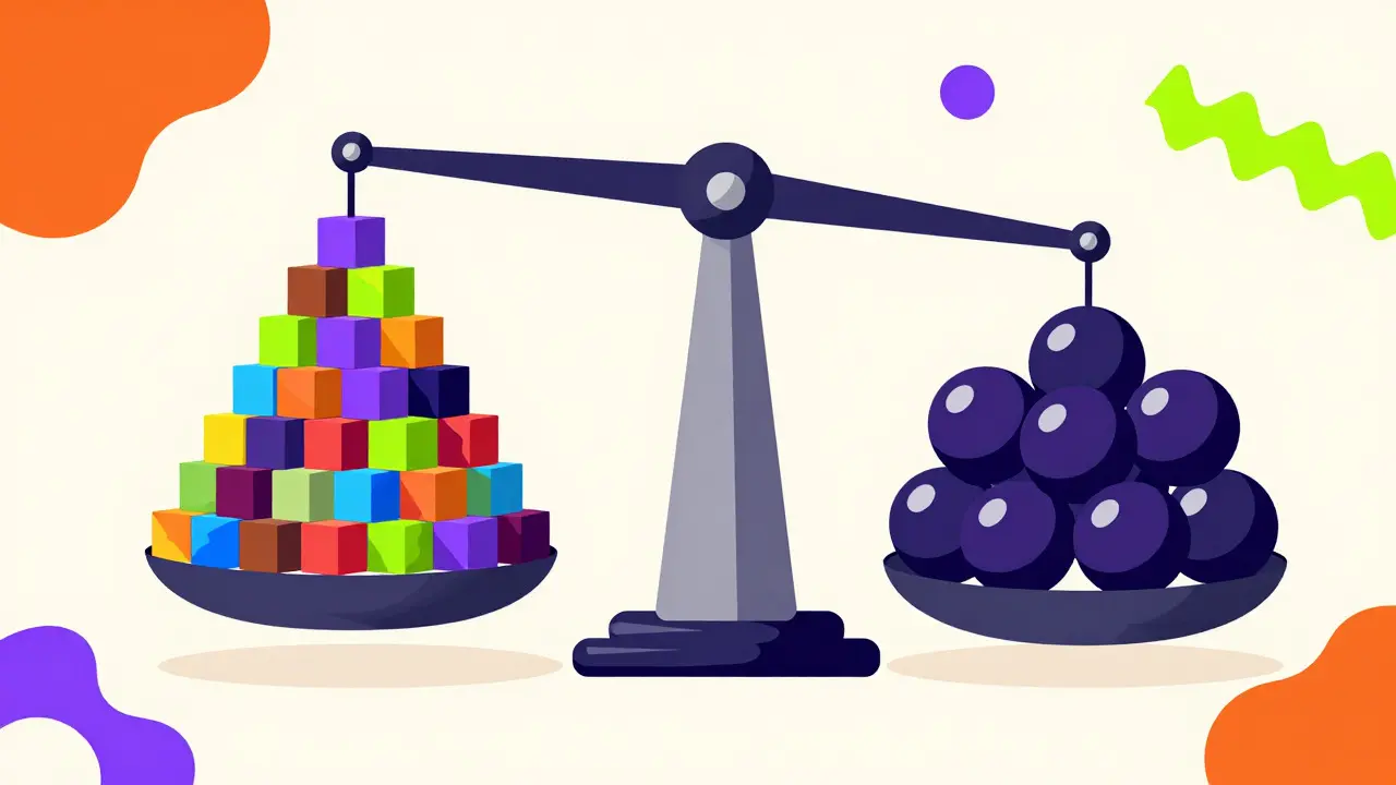 Cartoon scale balancing fifty cubes against thirty spheres representing different stock indices