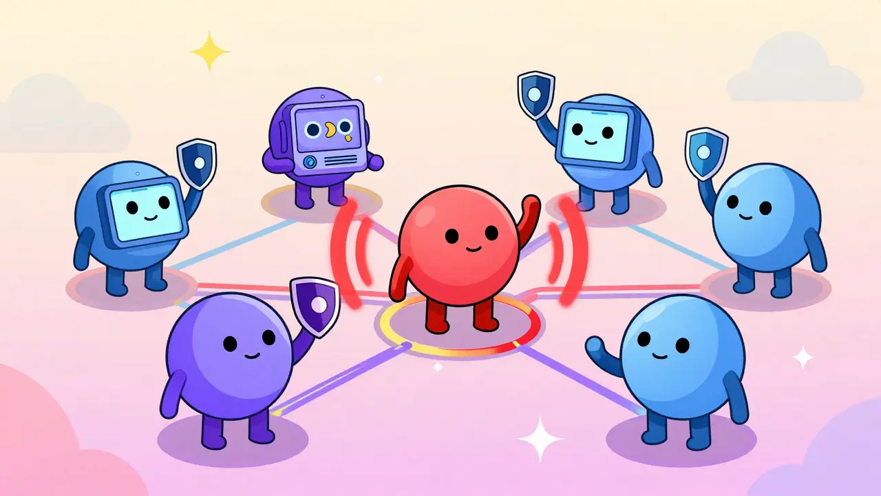 Cartoon-style depiction of connected network nodes sharing alerts and raising shields to defend against threats