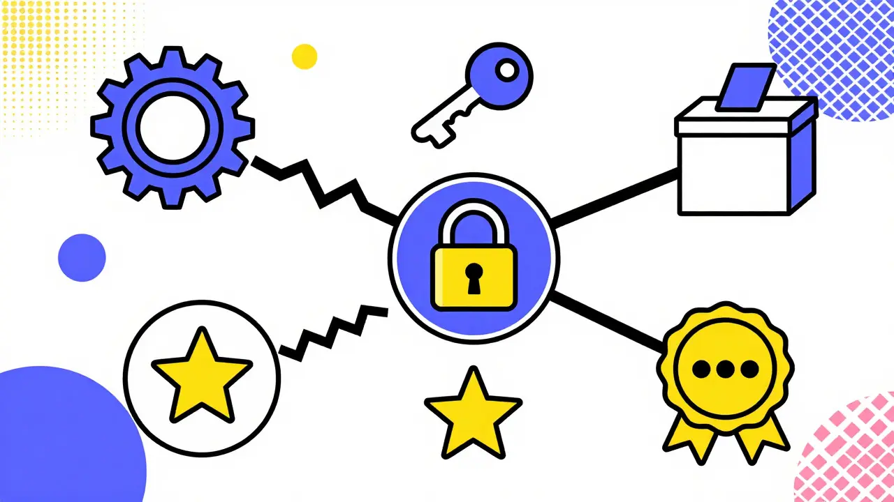Colorful cartoon showing six interconnected token utility patterns as geometric icons