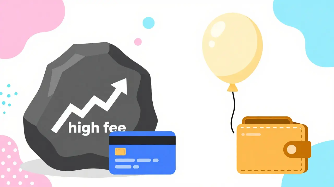 Comparison of high fees vs low costs using rocks and balloons