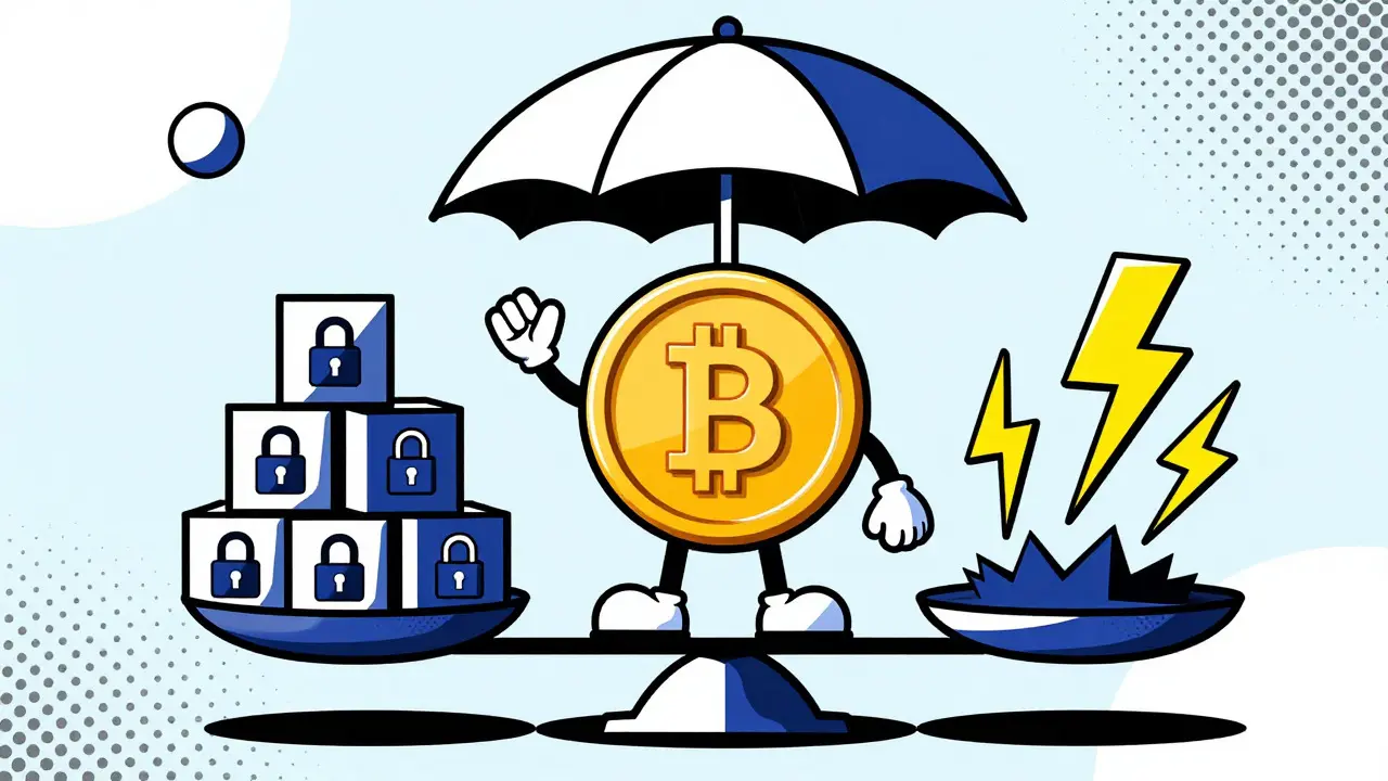 Conceptual art showing stablecoin risks and safeguards with a balanced scale and protective umbrella