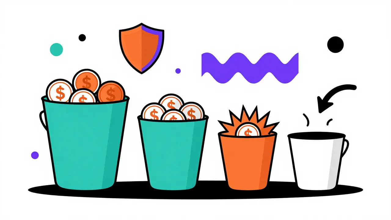 Four buckets representing crypto asset classes with geometric icons, Memphis design style.