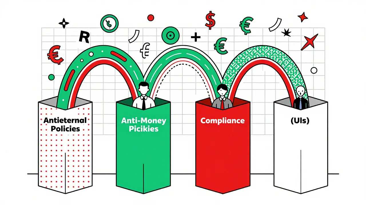 Four patterned pillars filtering chaotic money symbols through a grid in Memphis illustration style.