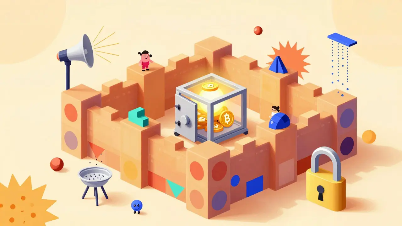 Geometric fortress protecting crypto assets from spiky threats in Memphis art
