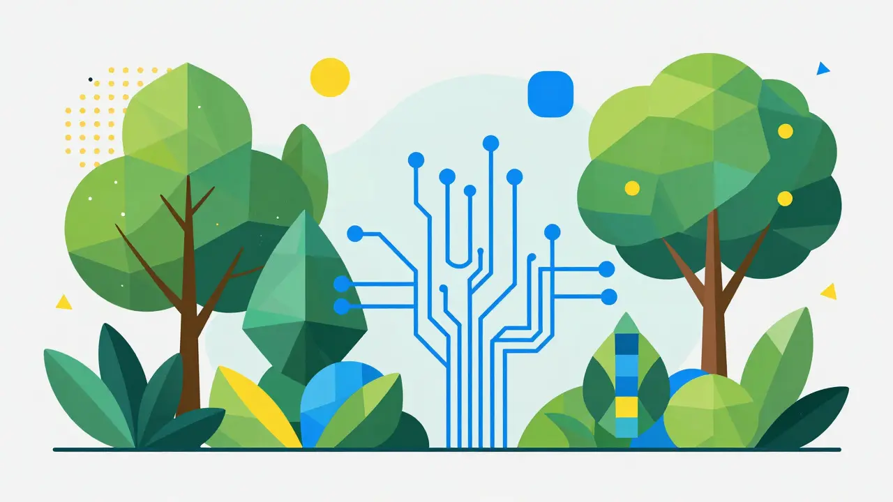 Geometric leaves and tech nodes in Memphis design style, representing the fusion of nature and blockchain.