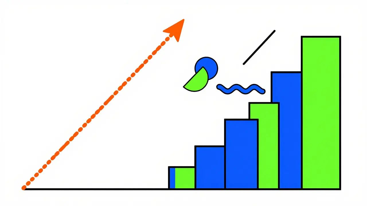 Graphic comparing linear steady growth versus jagged milestone-based token releases