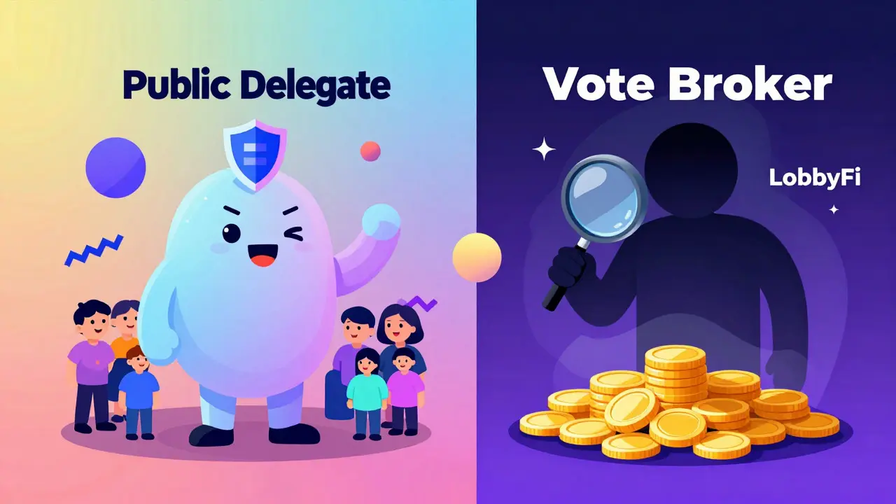 Illustration comparing a transparent public delegate with a shadowy vote broker using Memphis design.