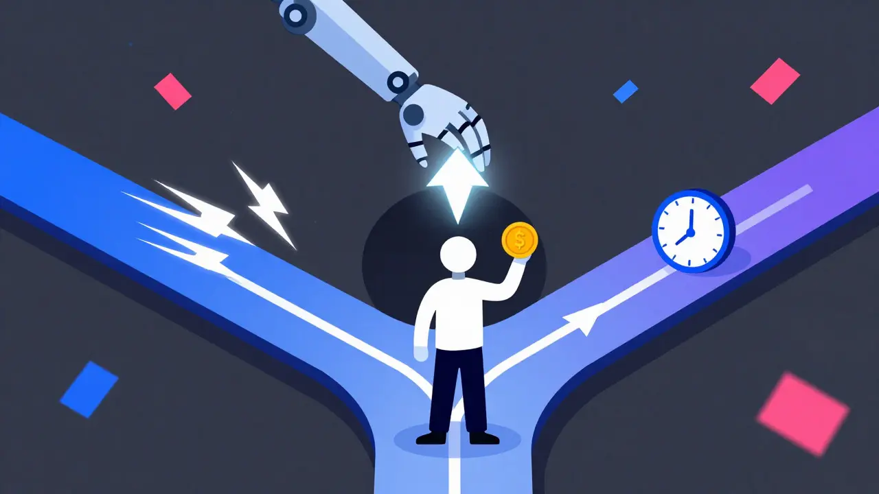 Illustration of a robot selecting the best trading path from two converging routes