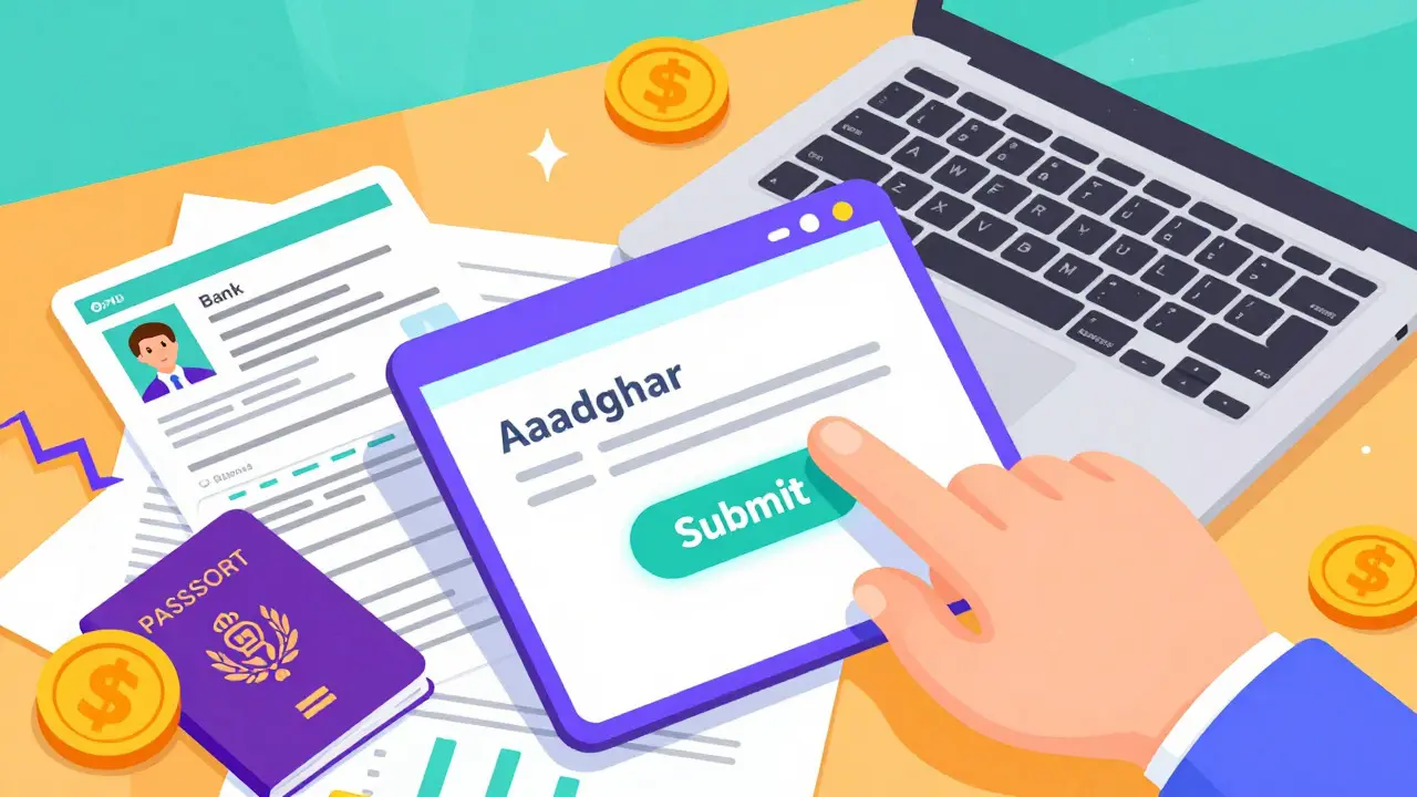 Illustration of document upload process with stylized cards and laptop