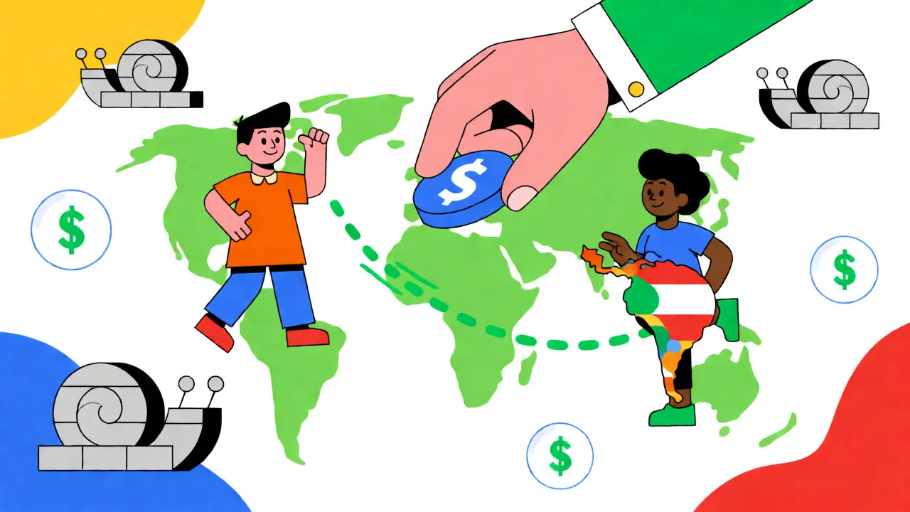 Illustration of fast cross-border stablecoin payments versus slow banking