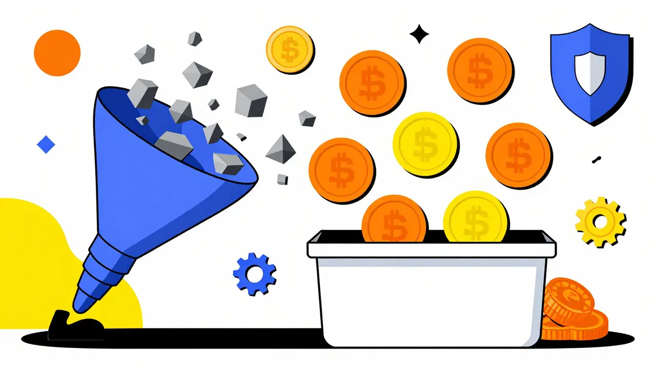 Illustration showing a funnel filtering out small grey shapes while allowing bright valuable shapes to pass through