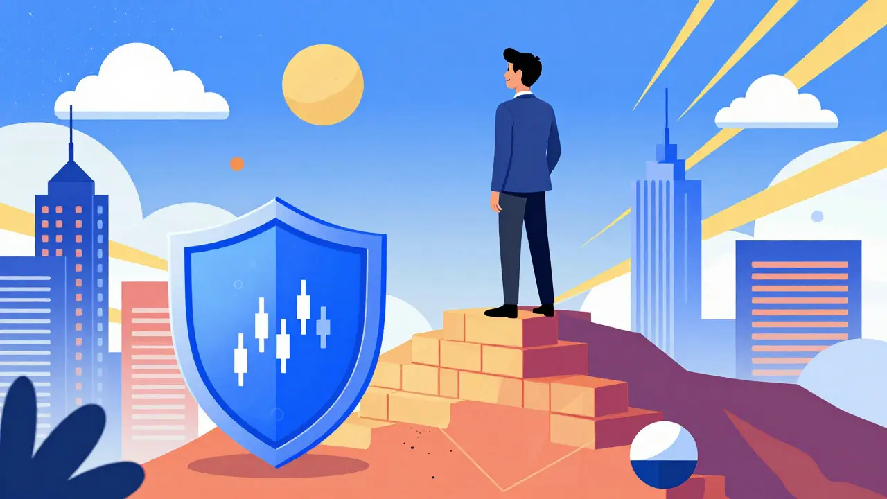 Investor standing on a block mountain protecting digital assets in Memphis art