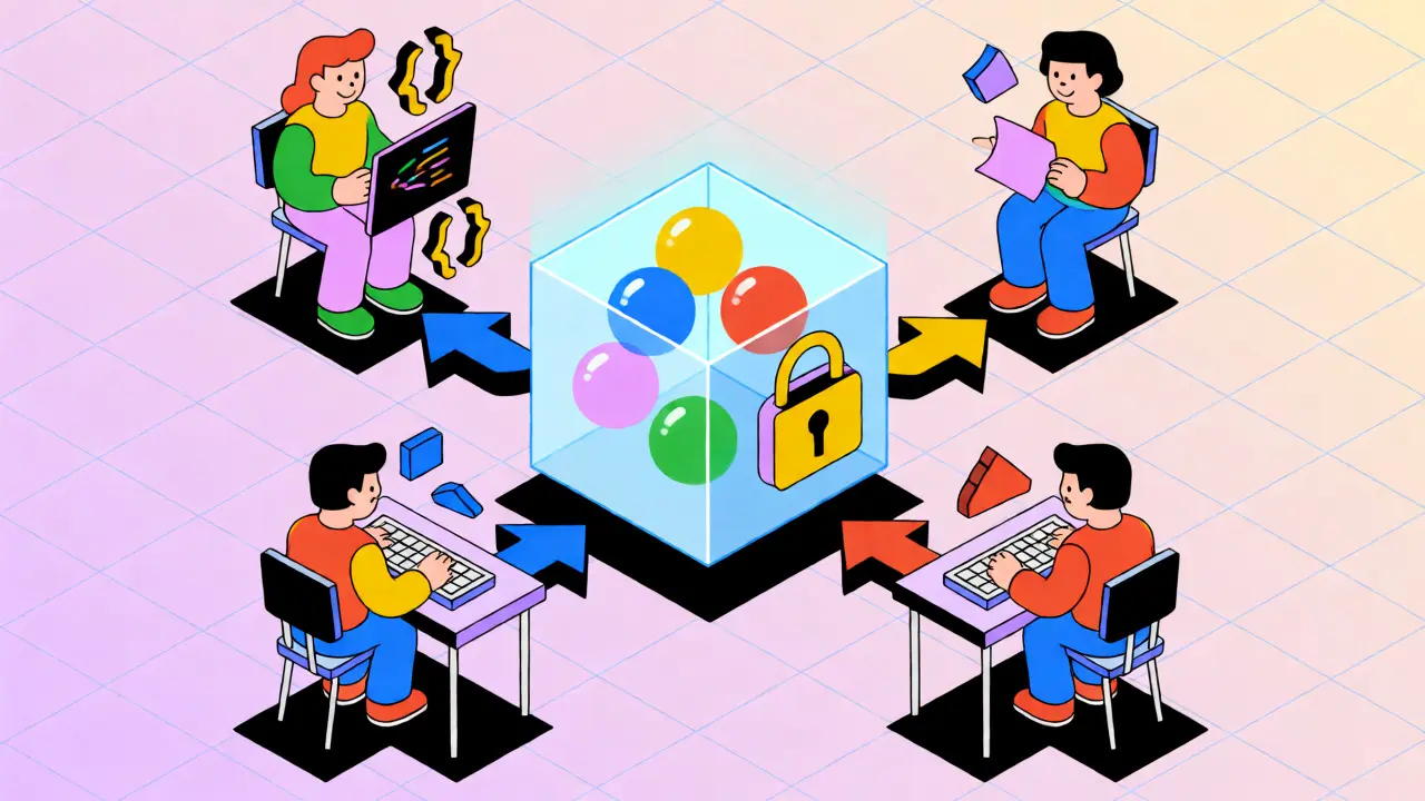 Isometric illustration of avatars earning reputation points represented by glowing orbs in a locked cube.