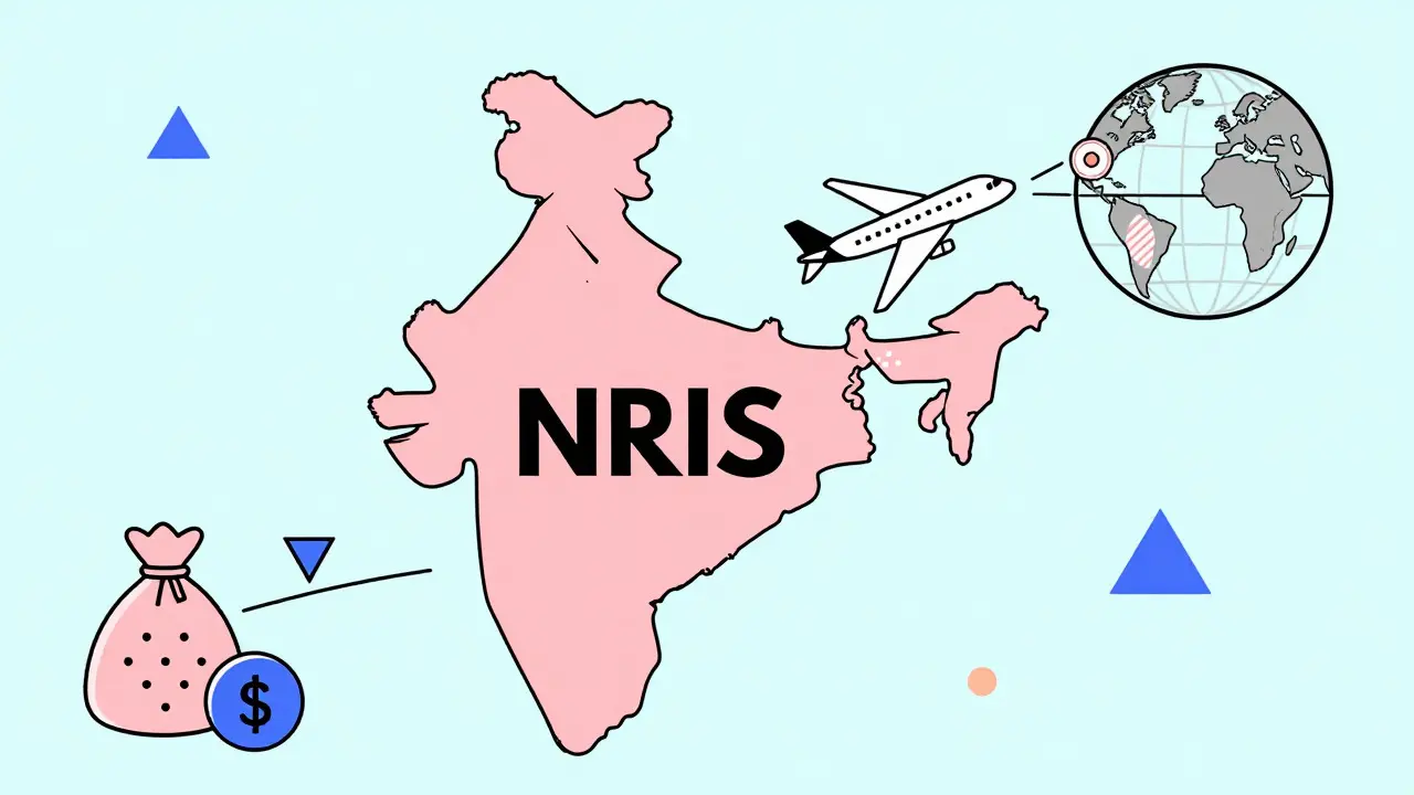 Memphis art of an airplane flying away from an India map outline with abstract money icons.