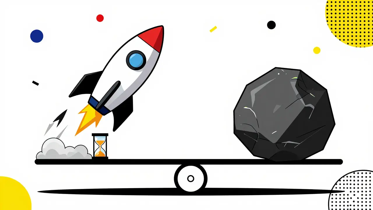 Memphis design artwork of a seesaw balancing a rocket ship against a heavy rock and hourglass