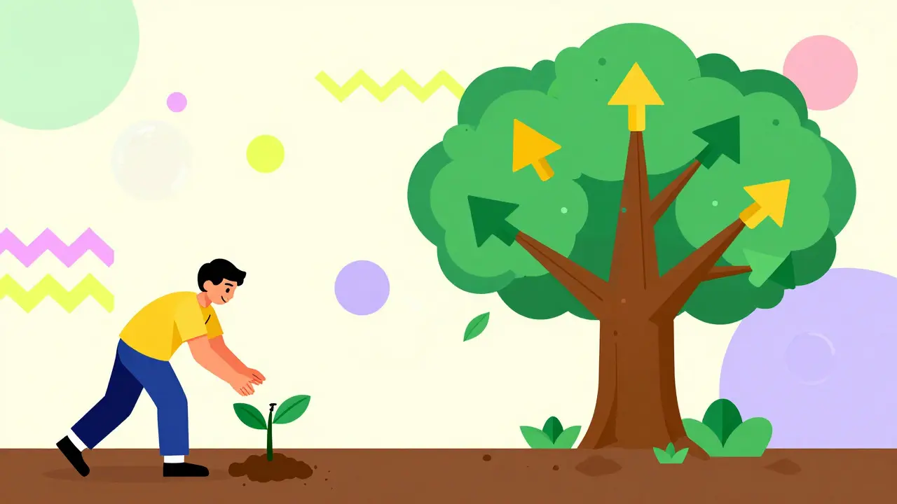 Memphis style art of a young investor planting a seed that grows into a geometric tree