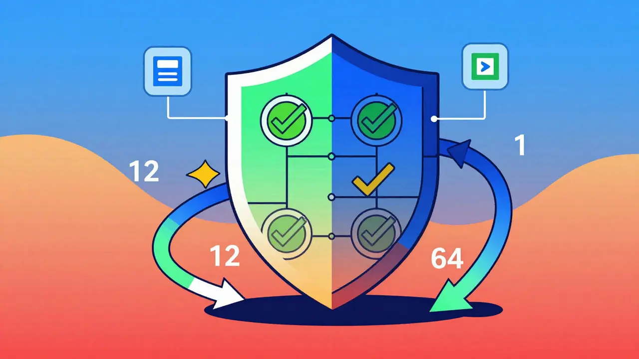 Shield of blockchain blocks showing transaction confirmation stages