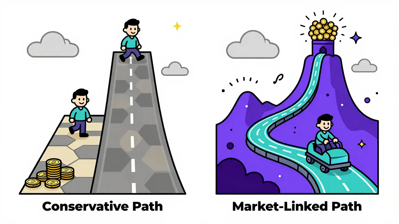 Side-by-side depiction of a smooth path versus a bumpy rollercoaster path leading to different reward levels