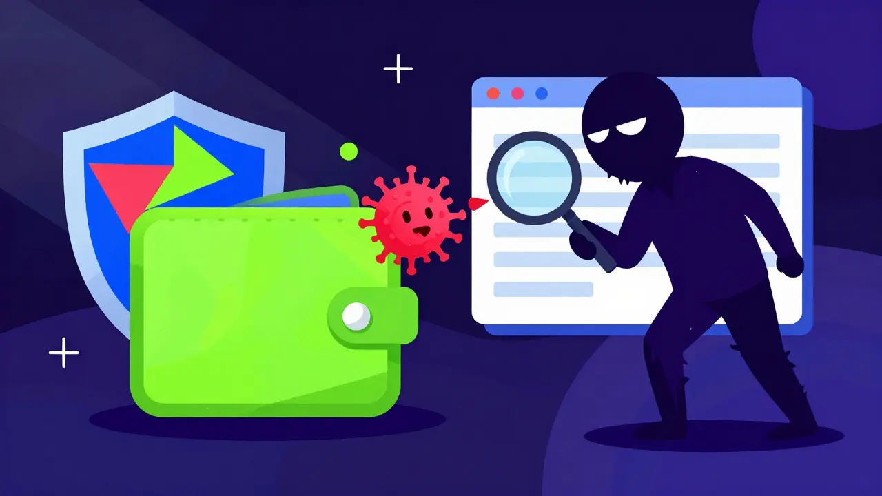 Sneaky figure attacking secure wallet with abstract shapes in Memphis style
