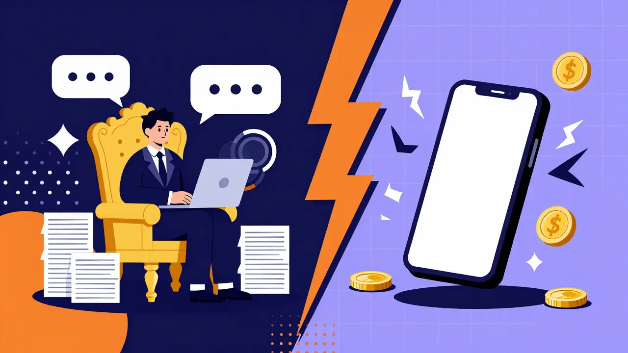 Split-screen cartoon contrasting a formal full-service broker setup with a fast, digital discount broker interface.