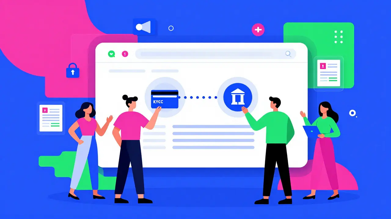 Stylized figures connecting bank and fund icons via abstract digital panels