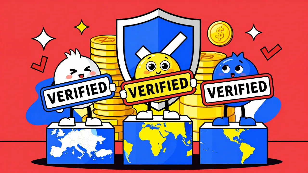 Three cartoon figures on continental podiums holding verification stamps over protected assets
