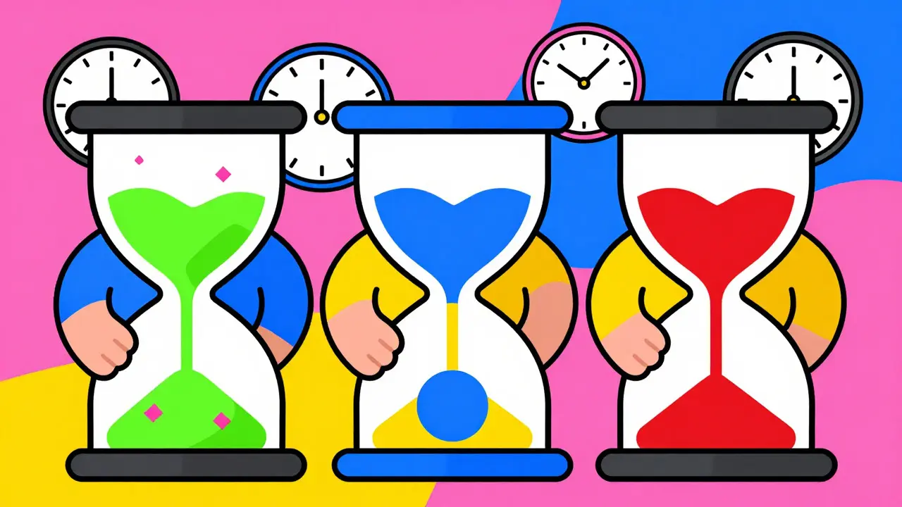 Three characters holding hourglasses with different colored sands representing various age-based investment strategies