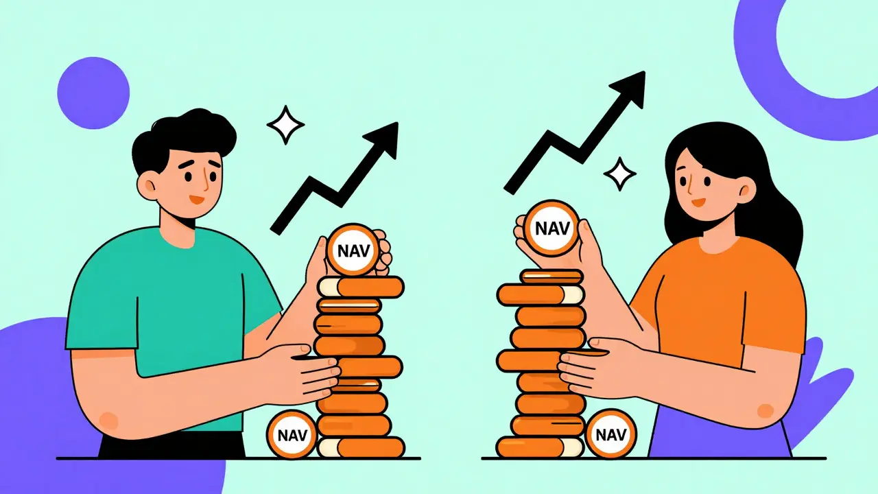 Two investors comparing low vs high NAV returns with equal growth outcomes