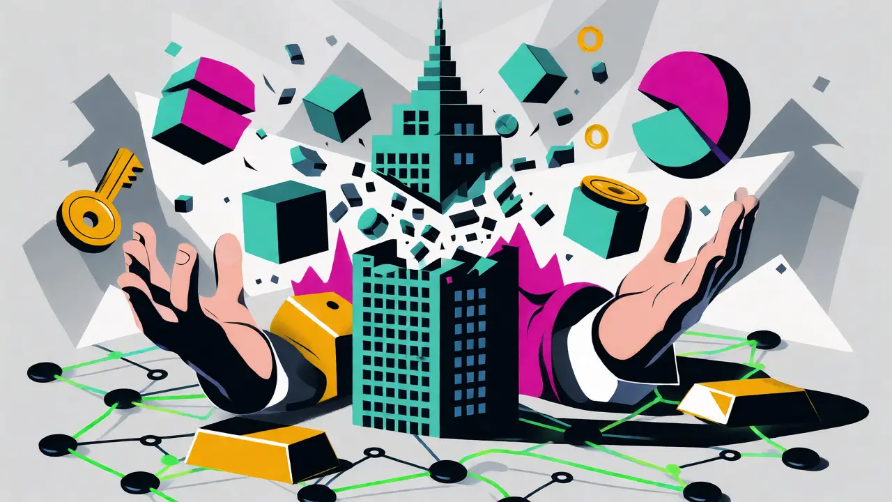 Abstract art showing real estate and assets being tokenized on a blockchain network.