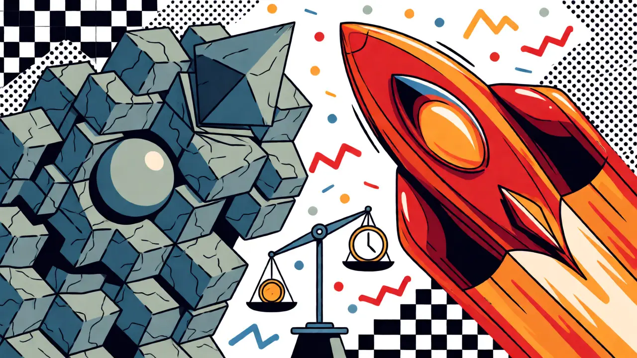 Abstract balance scale comparing heavy secure blocks against a fast rocket shape in vibrant Memphis patterns.